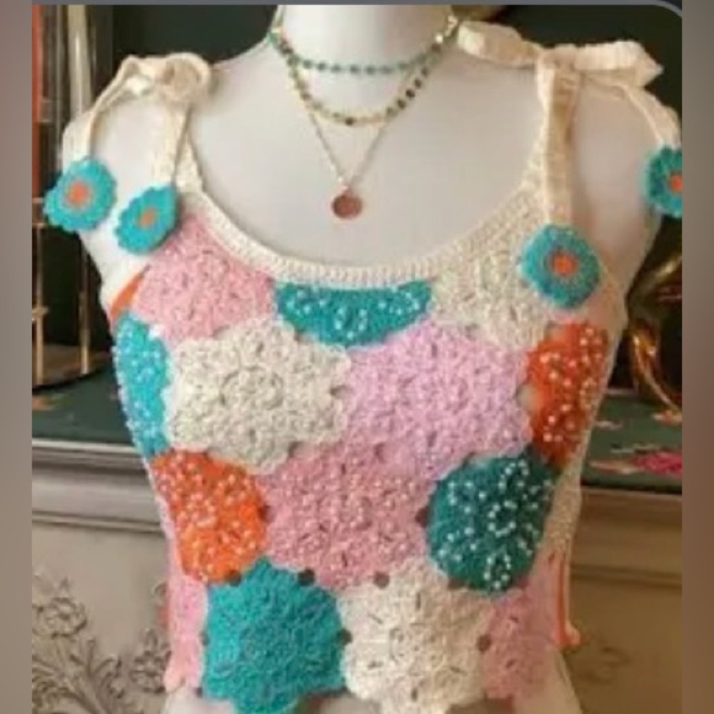 POL Crocheted Floral Patchwork Crop Tank Top - Pink, Teal & Cream, OS
